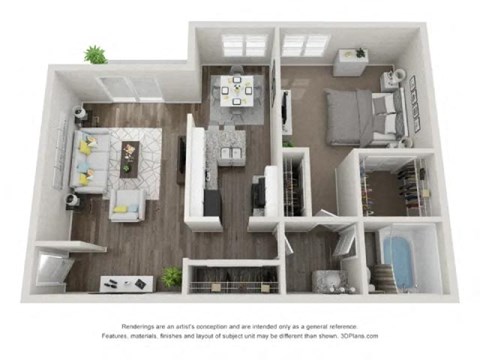 Floor plan for 1 bed, 1 bath, 712 sqft